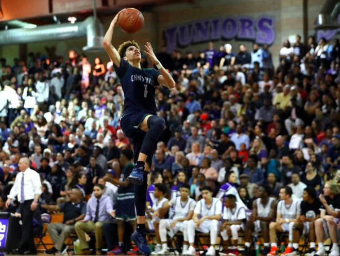 Chino Hills Huskies guard LaMelo Ball (1) against the Rancho Cucamonga Cougars at Rancho Cucamonga High School.